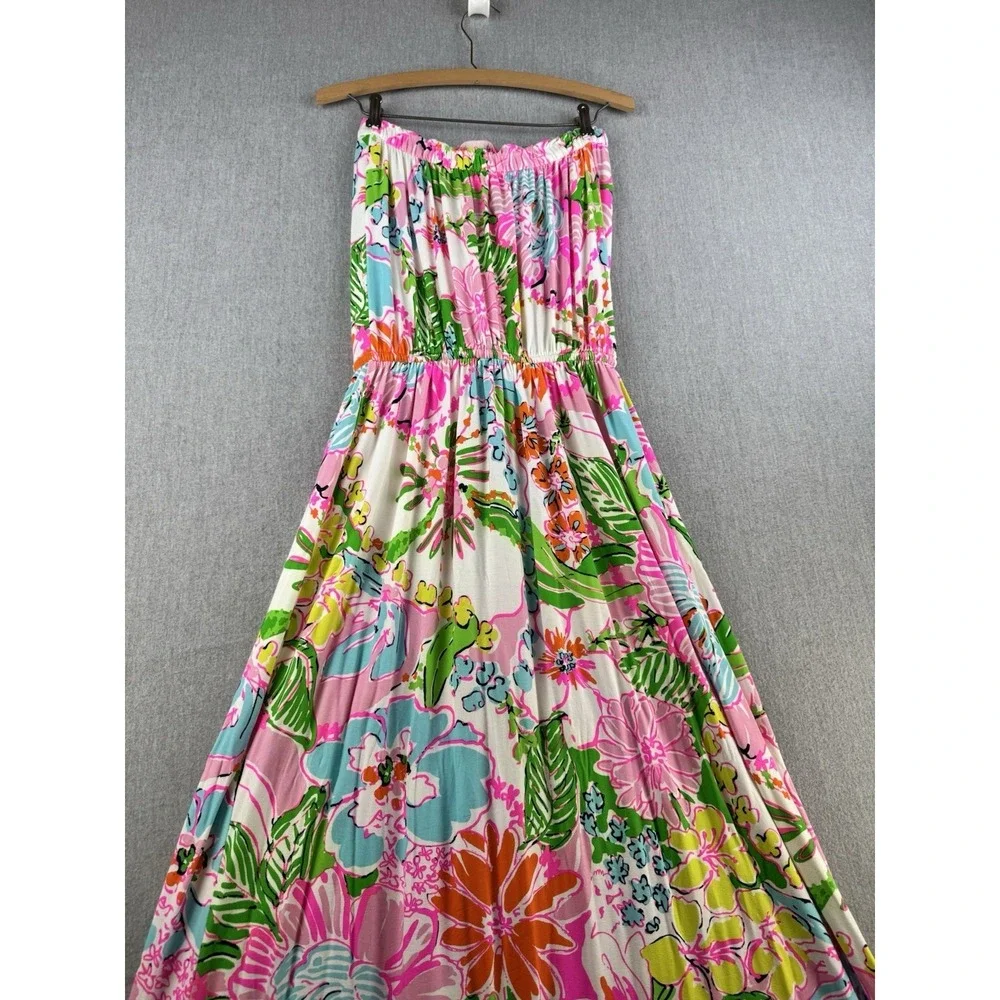 Lilly Pulitzer Target Strapless Maxi Dress Large Pink Floral Tropical Boho - Picture 12 of 16